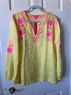 Lilly Pulitzer Embroidered Yellow Linen Tunic with Pink Accents- size xl